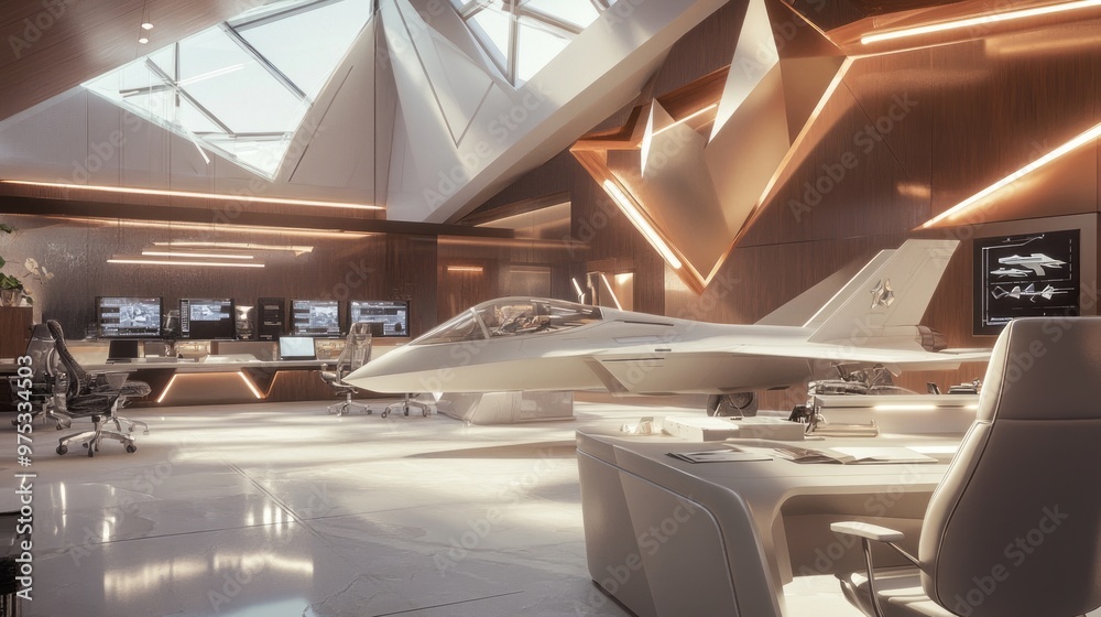 Naklejka premium Modern Office Design: Fighter Jets & Geometric Sculptures for an Inspiring Workspace