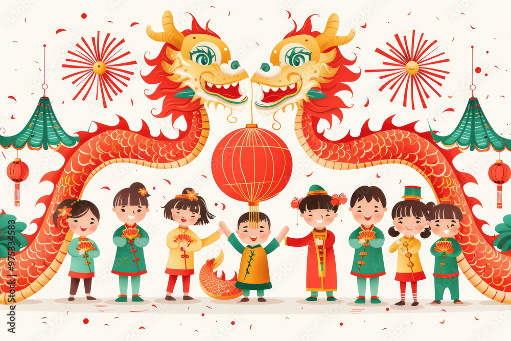 Chinese New Year, a group of children playing happily together with illustrations Chinese New Year, a group of children playing happily together with illustrations