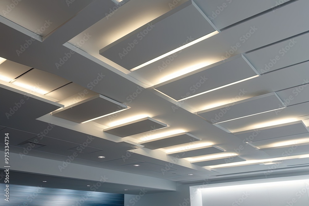 A sleek, modern ceiling with a series of parallel soffits, each subtly curved and recessed, stretches across the frame, illuminated by a constellation of spot lights that cast a warm, even glow A sleek, modern ceiling with a series of parallel soffits, each subtly curved and recessed, stretches across the frame, illuminated by a constellation of spot lights that cast a warm, even glow