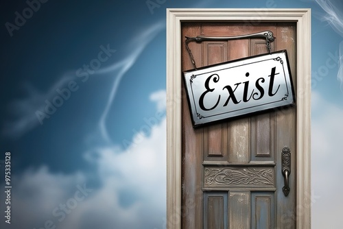 A surreal, dreamlike scenery depicting a door with an ambiguous sign that reads "exist" in bold