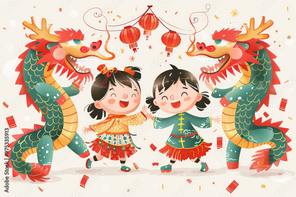 Fototapeta premium Chinese New Year, a group of children playing happily together with illustrations
