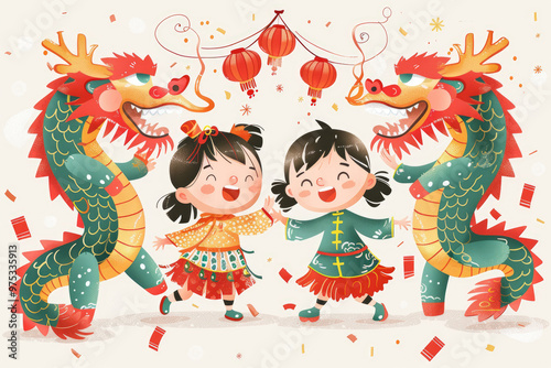 Chinese New Year, a group of children playing happily together with illustrations