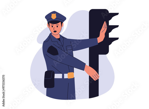 A flat illustration of a police officer directing traffic at a crosswalk. The officer is wearing a uniform and holding a stop sign.