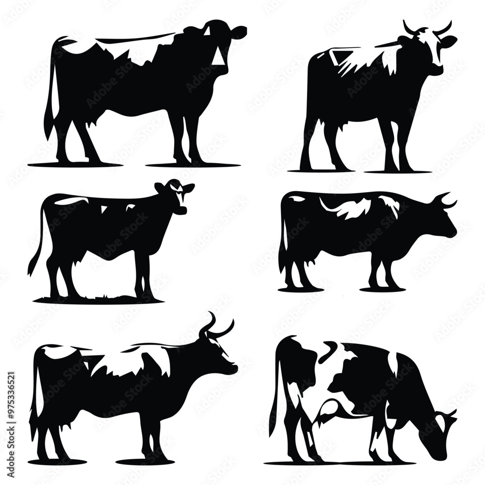 Fototapeta premium Cow black silhouette vector set isolated on white background for farm design
