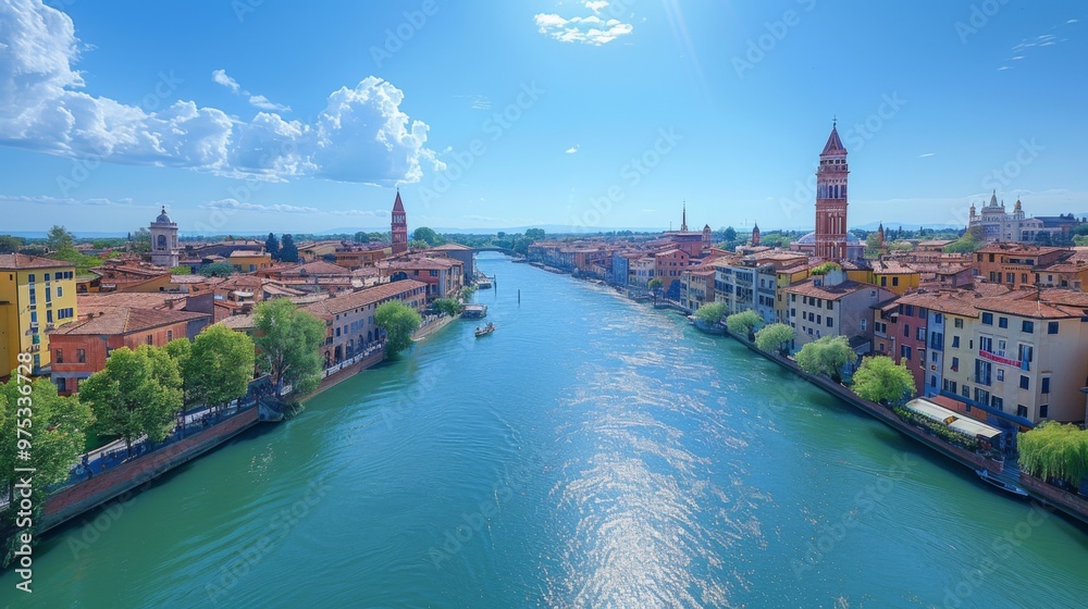 Fototapeta premium Aerial View of a Cityscape with a River and a Tower