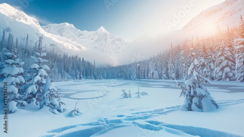 Winter Wonderland: Snow-Covered Mountains and a Frozen Lake