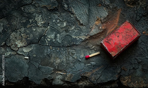 A lone, red box of matches on a rough, textured stone surface photo