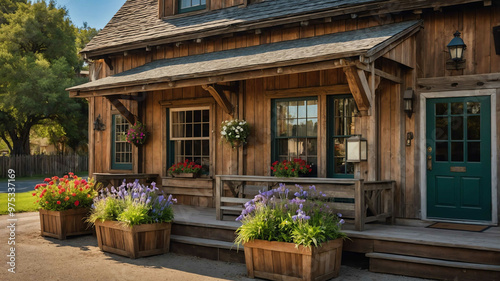 Charming country inn with a quaint wooden facade and flower boxes