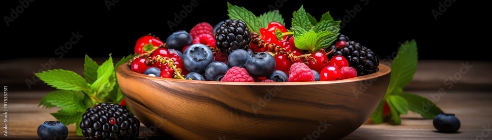 A vibrant assortment of fresh berries in a wooden bowl, highlighting rich colors and textures in a natural setting. A vibrant assortment of fresh berries in a wooden bowl, highlighting rich colors and textures in a natural setting.