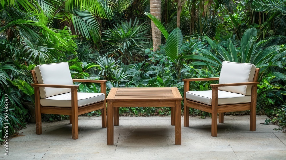 Teak wood outdoor furniture set, including a table and chairs, placed in a tropical garden, eco-friendly outdoor living Teak wood outdoor furniture set, including a table and chairs, placed in a tropical garden, eco-friendly outdoor living
