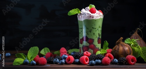 Delicious mint dessert drink topped with fresh berries, creamy foam, and mint leaves, perfect for a refreshing treat.