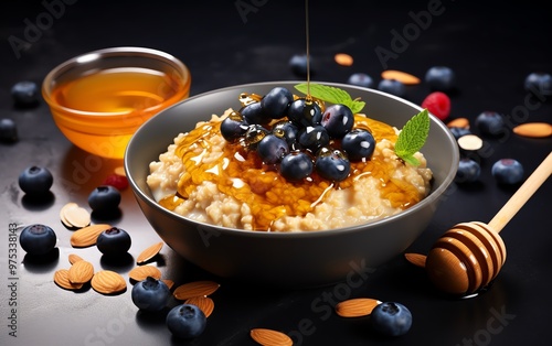 Delicious oatmeal topped with honey, blueberries, and almonds, perfect for a healthy breakfast or snack. photo