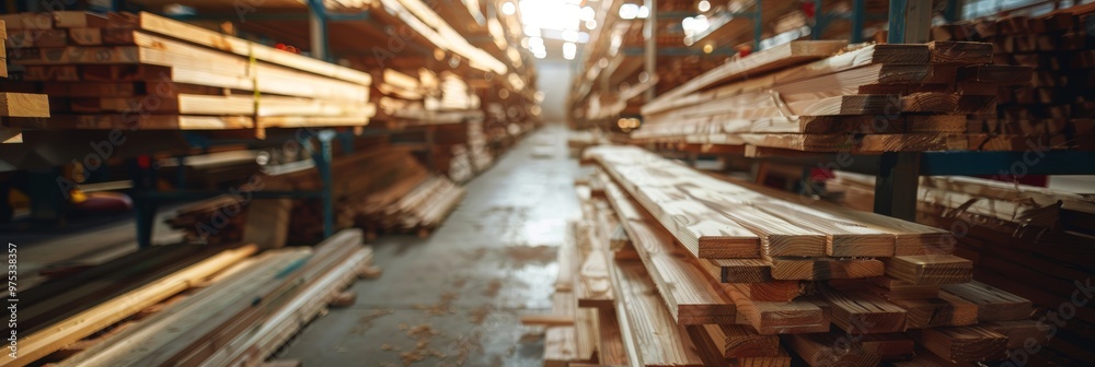 Wooden Planks and Boards in a Lumber Warehouse or Store Construction and Building Materials