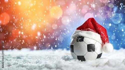 Soccer ball with a Santa hat on snow for Christmas isolated on colorful background photo