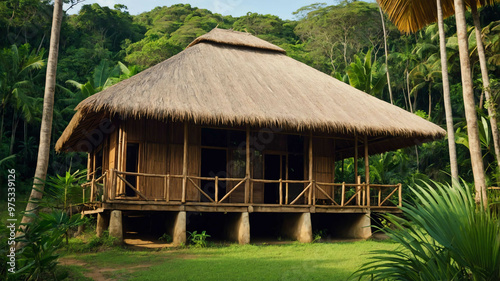 Eco lodge with a thatched roof and wooden beams in a jungle setting