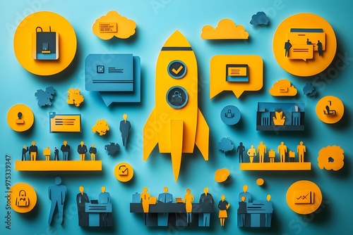An illustration of a business concept in a papercut style, featuring vibrant and well-designed colors. The layered textures and clean lines bring a modern, creative touch to the overall visual appeal.