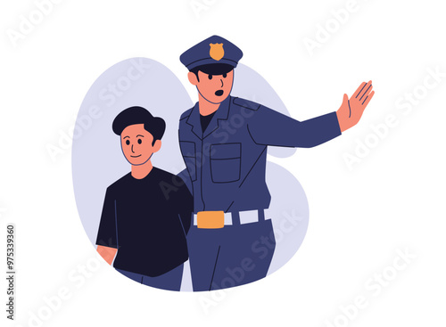 A flat illustration of a police officer directing traffic at a crosswalk. The officer is wearing a uniform and holding a stop sign.