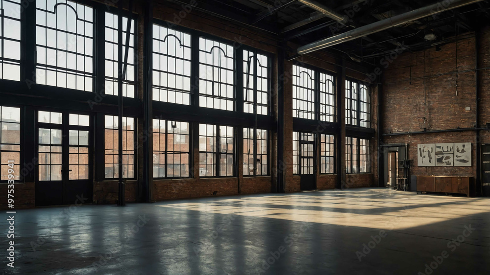 Industrial loft building with large metal framed windows and exposed brick Industrial loft building with large metal framed windows and exposed brick