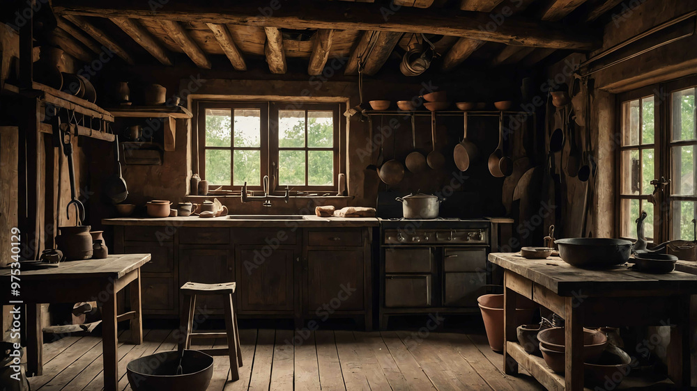 Iron cooking tools hanging from a wooden beam in an old kitchen Iron cooking tools hanging from a wooden beam in an old kitchen