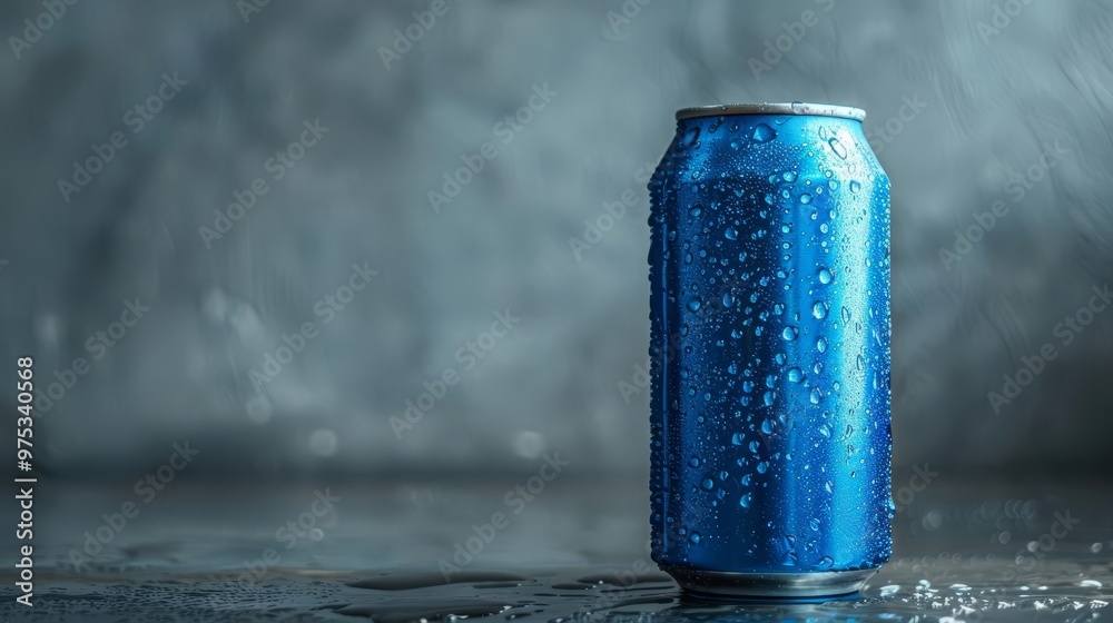 A lone, vibrant blue soda can with condensation, set against a grey backdrop A lone, vibrant blue soda can with condensation, set against a grey backdrop