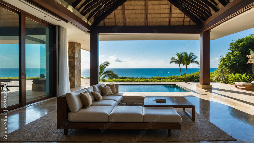Luxury beachfront villa with an expansive terrace and glass doors Luxury beachfront villa with an expansive terrace and glass doors