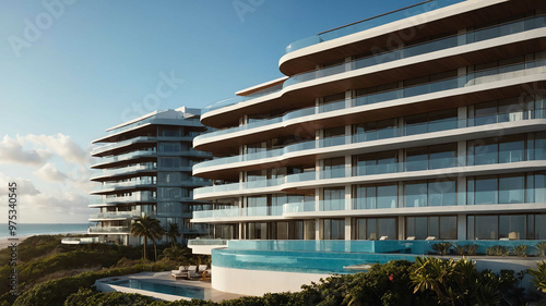 Luxury beachfront condo with large glass balconies and sleek lines