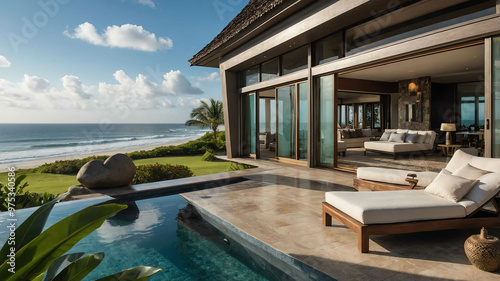 Luxury beachfront villa with an expansive terrace and glass doors