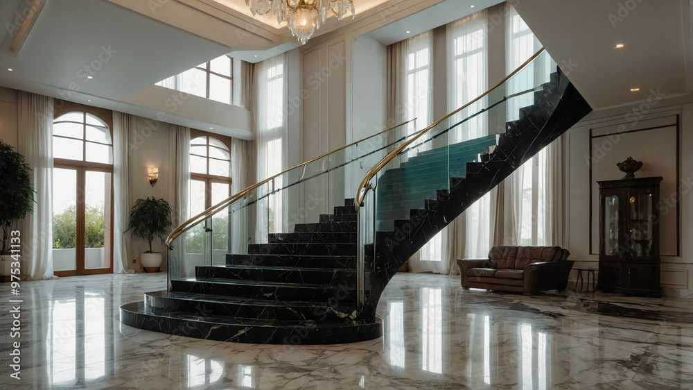 Obraz premium Marble staircase with glass railings in a spacious luxury villa