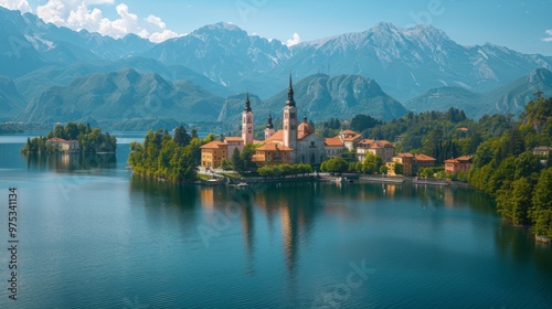 Wallpaper Mural Island Church on a Calm Lake with Mountain Background Torontodigital.ca