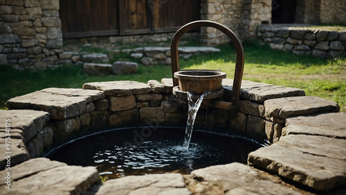 Medieval wooden bucket filled with water beside a stone well photo