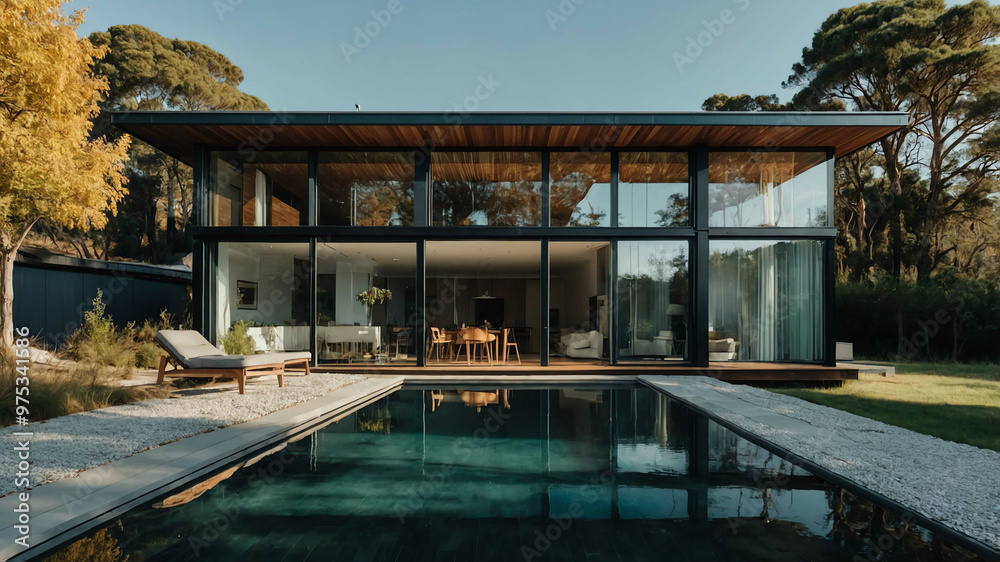 Modern eco home with large solar panels and a glass facade Modern eco home with large solar panels and a glass facade