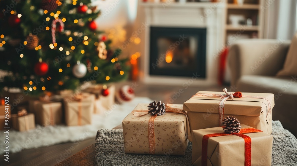 Christmas presents under the tree, fireplace, and a cozy living room. Christmas presents under the tree, fireplace, and a cozy living room.