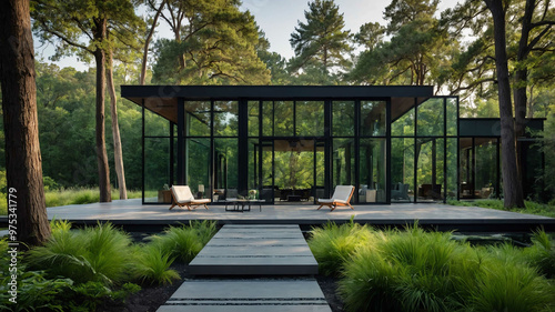 Modern glass pavilion style home surrounded by trees and greenery photo