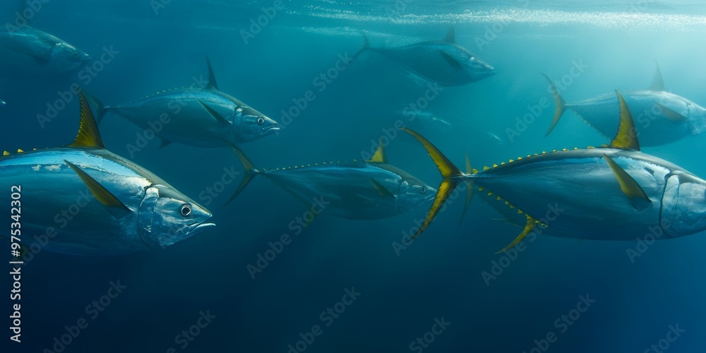 Fototapeta premium Majestic School of Yellowfin Tuna Gliding Through Vibrant Underwater Seascape