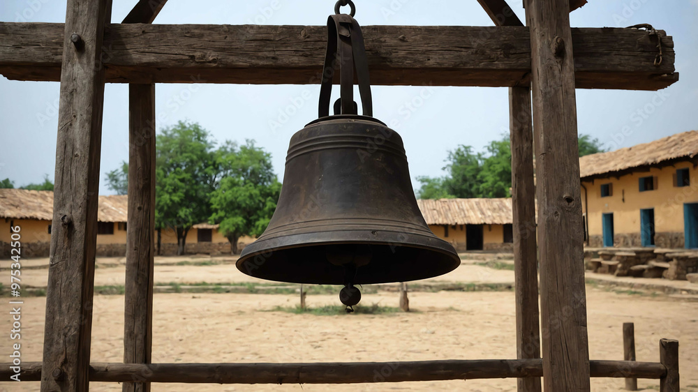 Obraz premium Old iron bell hanging from a wooden frame in a village square