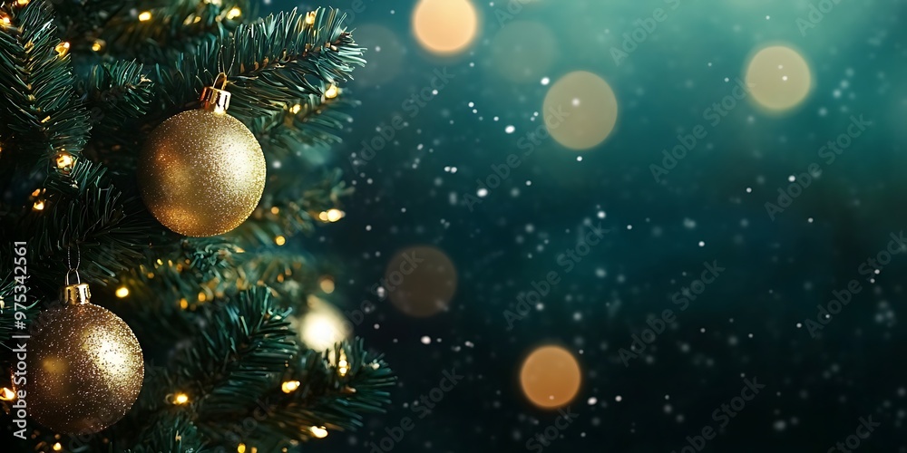 A close-up of a green Christmas tree decorated with gold ornaments and twinkling lights against a dark teal background with a blurred bokeh effect and falling snow. A close-up of a green Christmas tree decorated with gold ornaments and twinkling lights against a dark teal background with a blurred bokeh effect and falling snow.