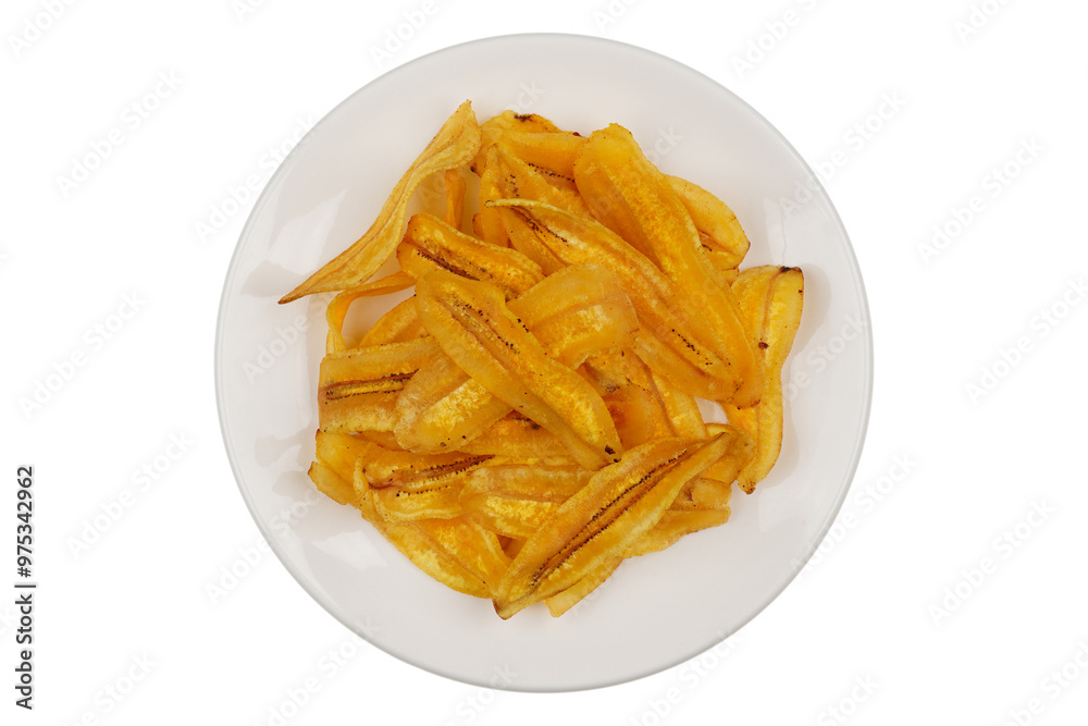 Fried banana slice in white plate isolated transparent Fried banana slice in white plate isolated transparent