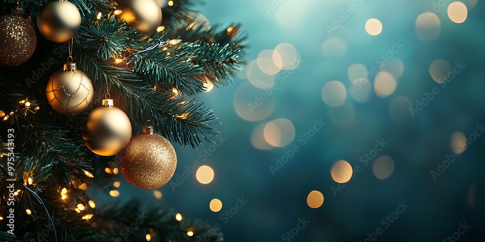 A close-up of a decorated Christmas tree with golden baubles and fairy lights against a blue background. A close-up of a decorated Christmas tree with golden baubles and fairy lights against a blue background.