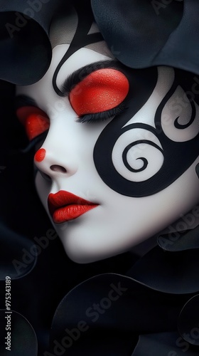 Delicate vampire makeup with whimsical swirling designs and shimmering red accents, horror makeup vampire whimsical, magical horror