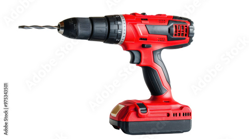 Drill with a sharp metal drill on transparent background