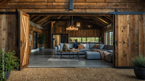Rustic barn converted into a modern residence with large barn doors
