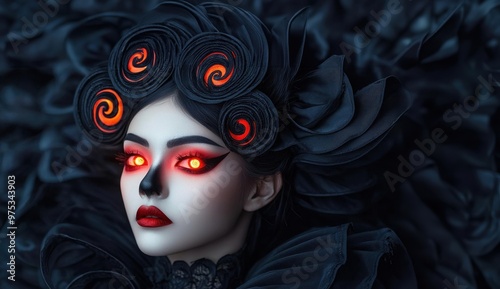 Whimsical vampire makeup with glowing red eyes and intricate swirls, blending fantasy and horror, horror makeup vampire whimsical, mystical beauty