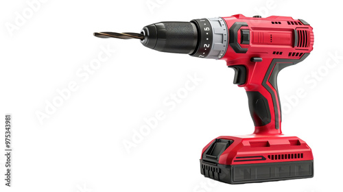 Drill with a sharp metal drill on transparent background