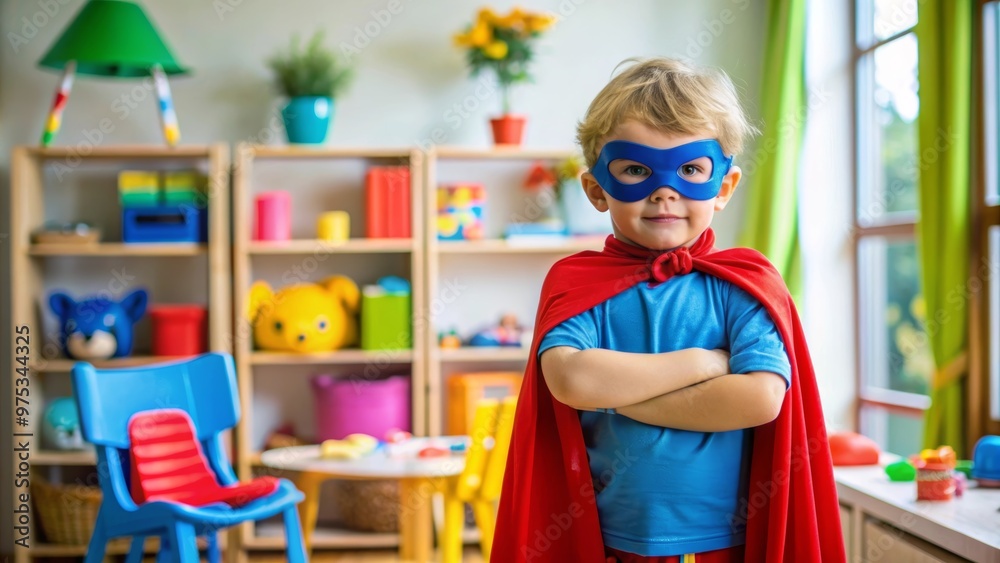 Confident Child Superhero in Playroom with Red Cape and Blue Mask Confident Child Superhero in Playroom with Red Cape and Blue Mask