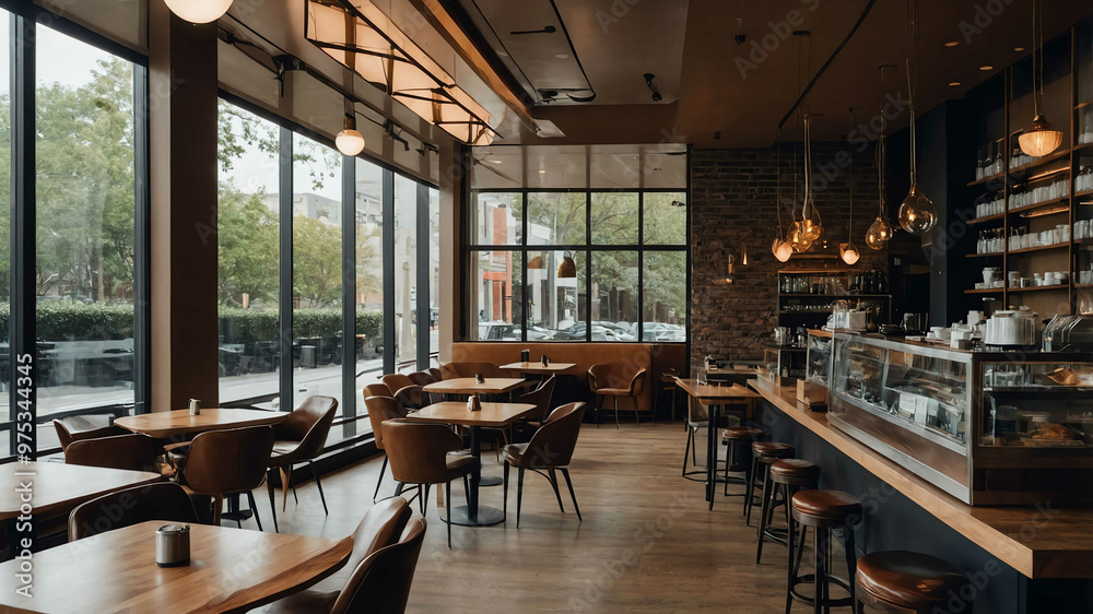 Sleek coffee shop with floor to ceiling windows and contemporary decor