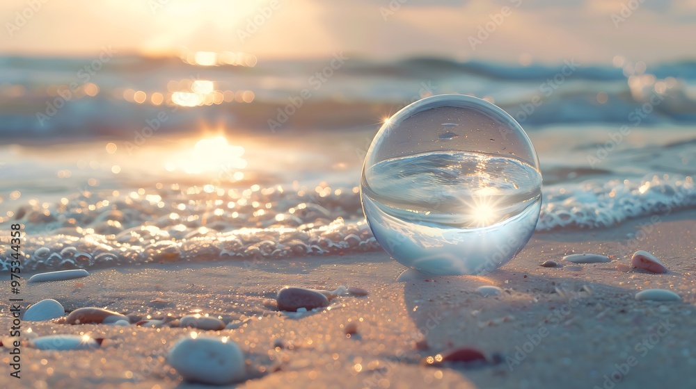 Sun reflecting in a glass ball on the beach Sun reflecting in a glass ball on the beach