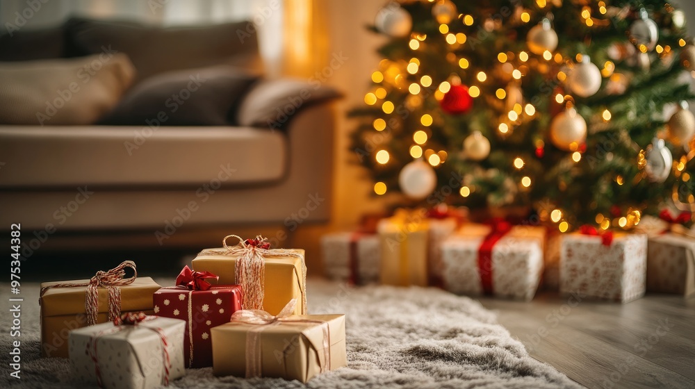 Wrapped gifts sit under a decorated Christmas tree in a warm living room. Wrapped gifts sit under a decorated Christmas tree in a warm living room.