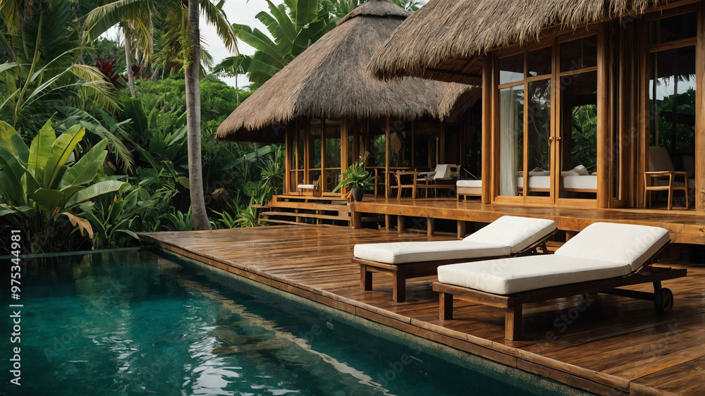 Tropical bungalow with a thatched roof and a wooden deck