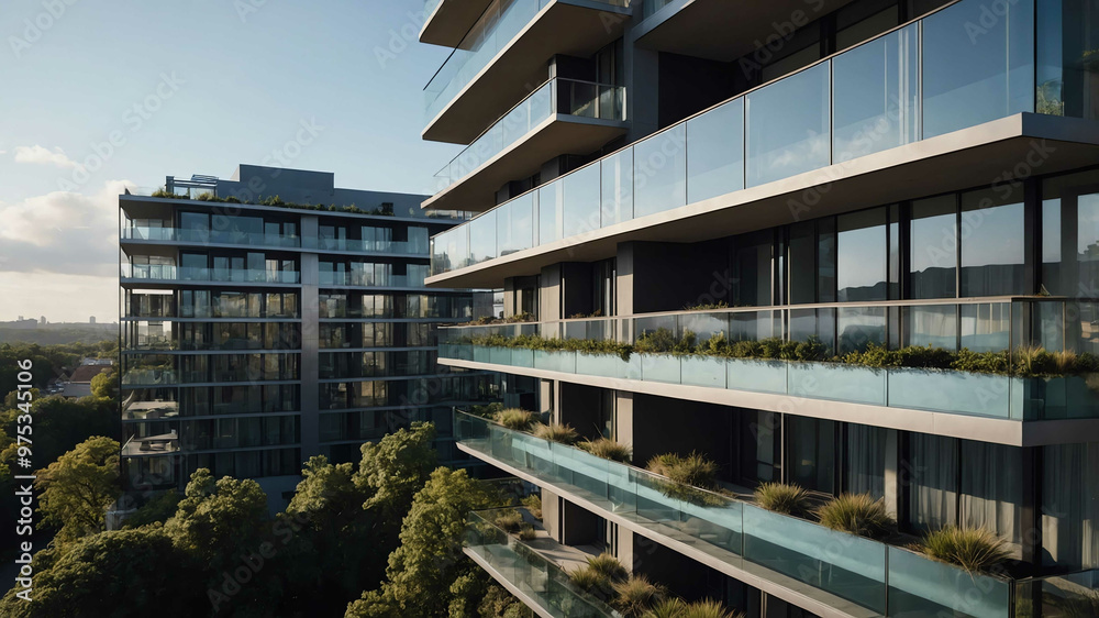 Obraz premium Urban condominium with sleek glass balconies and minimalist design
