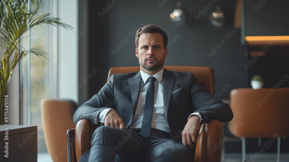 Businessman in a tailored suit, participating in a formal interview discussion in a sleek and elegant office room Businessman in a tailored suit, participating in a formal interview discussion in a sleek and elegant office room